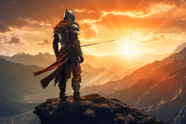 man in armor standing on top of mountain with the sun in the background
