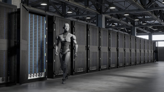 a man in a armor stands in a warehouse with a large head on the wall