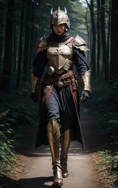 Photo a man in armor walking down a path in the woods with a helmet on his head and a sword in his hand an