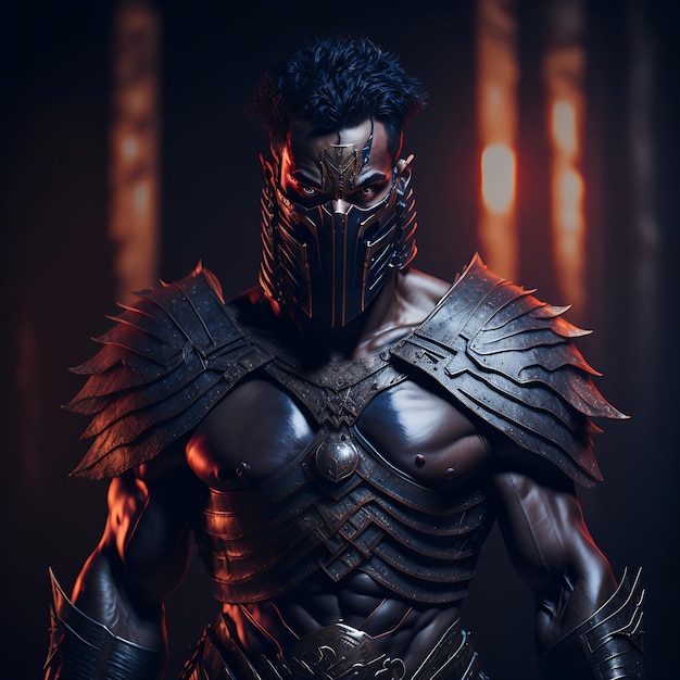 A man in a armor with a black mask and a red background.