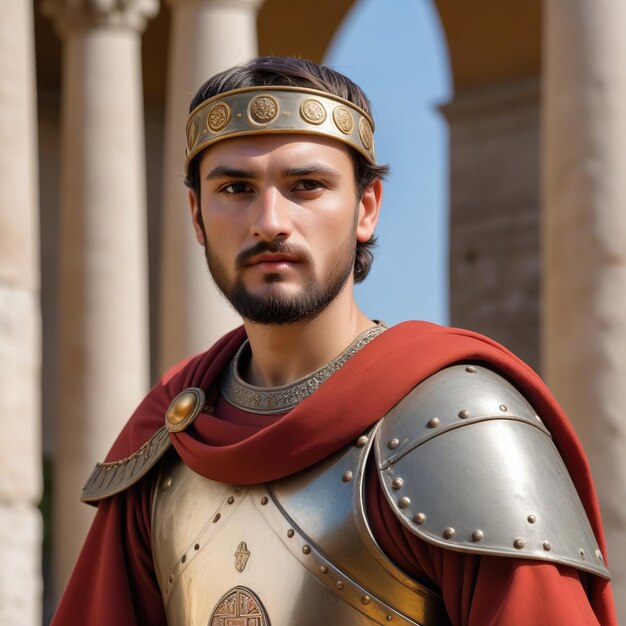 a man in a armor with a crown on his head is standing in front of a building.