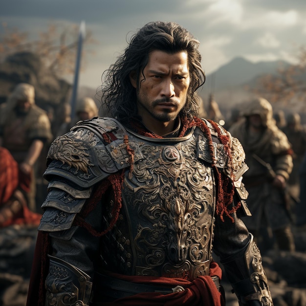 a man in a armor with a mountain in the background