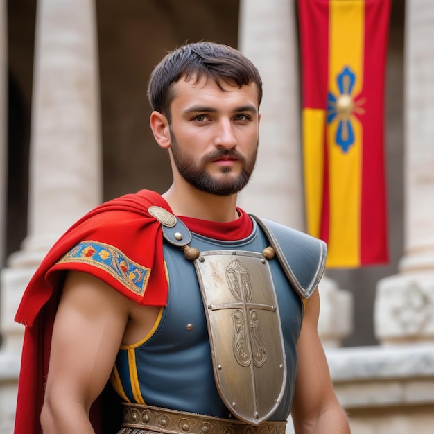 a man in a armor with a red and yellow flag behind him.