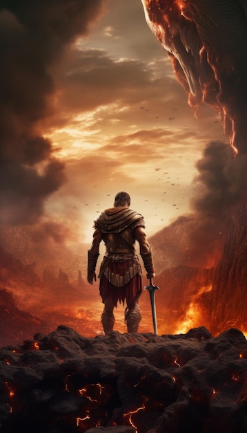 a man in armor with a sword in front of a volcano