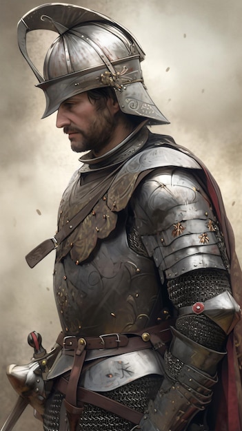 мужчина в доспехах с мечом и шлемом