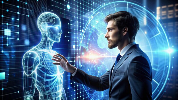 man and artificial intelligence is generated value output by command prompt input or natural language processing function futuristic technology and ai role effected