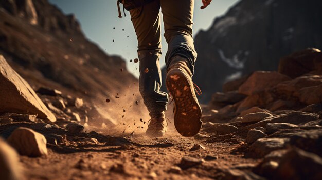 A man ascending a mountain path closeup of his footwear made of leather The hiker is seen moving