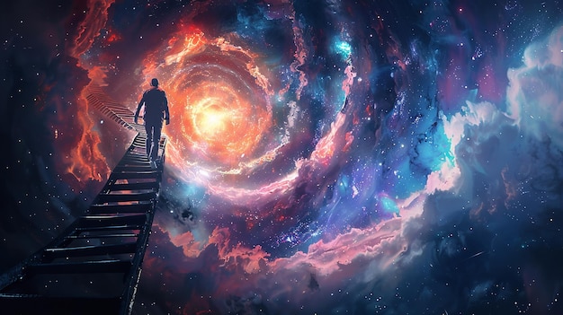 Man ascending a spiral staircase in a galaxy Generative Ai