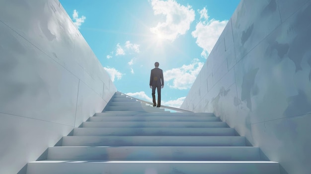 Man Ascending Stairs Towards Sky