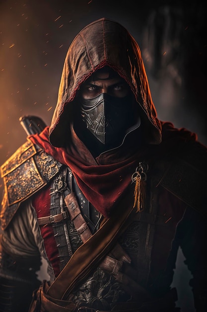 Premium Photo  A man in assassin suit with sword and mask, creative ai