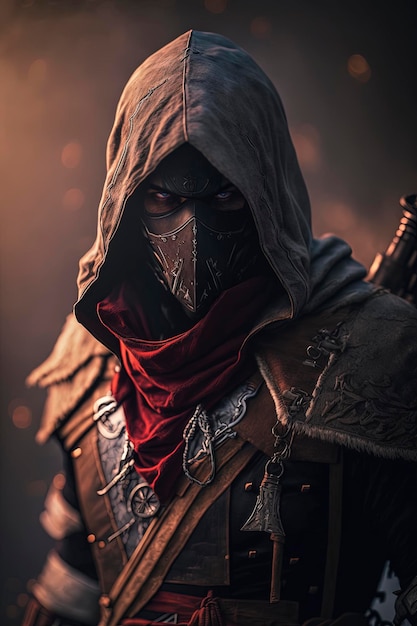 Photo a man in assassin suit with sword and mask, creative ai