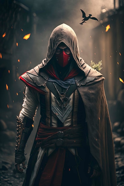 a man in assassin suit with sword and mask, creative ai