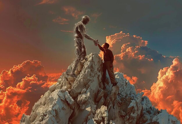 Foto un uomo aiuta una donna a scalare una montagna mentre il sole tramonta sull'orizzonte