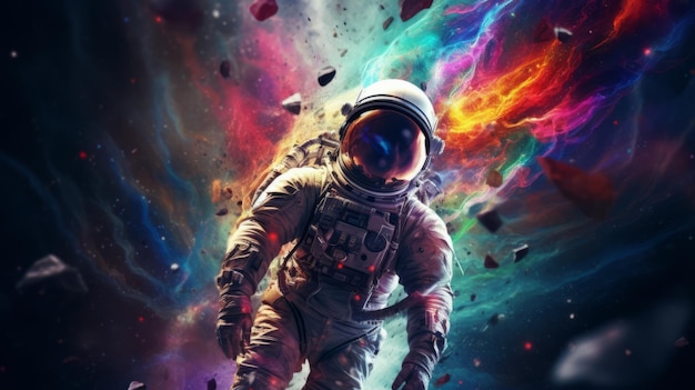 A man in an astronaut suit walking through space