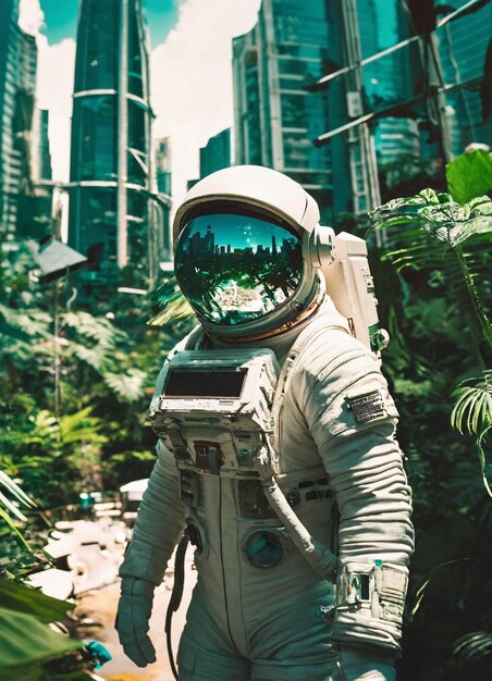 Photo a man in an astronaut suit with a city in the background