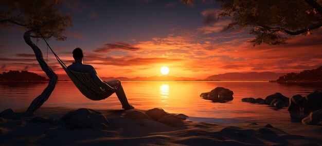 Фото Мужчина на закате в гамаке у моря 3d иллюстрация