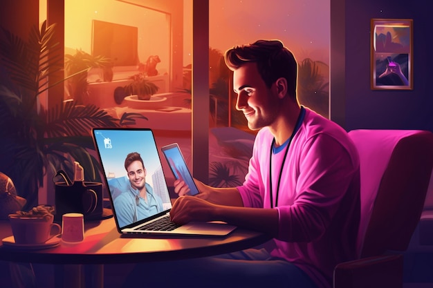 man attending online meeting