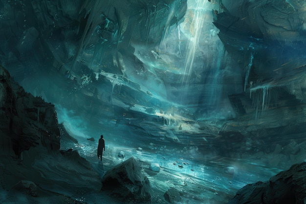 Man in awe of underground cavern with glowing blue water