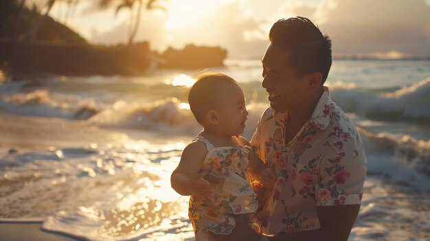 Photo a man and a baby are standing in the water at sunset