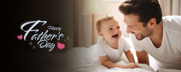 A man and a baby laughing together in a white room