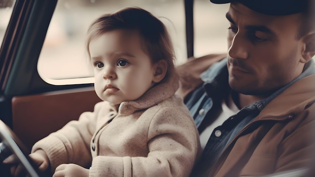 A man and a baby sit on a car reading a book.