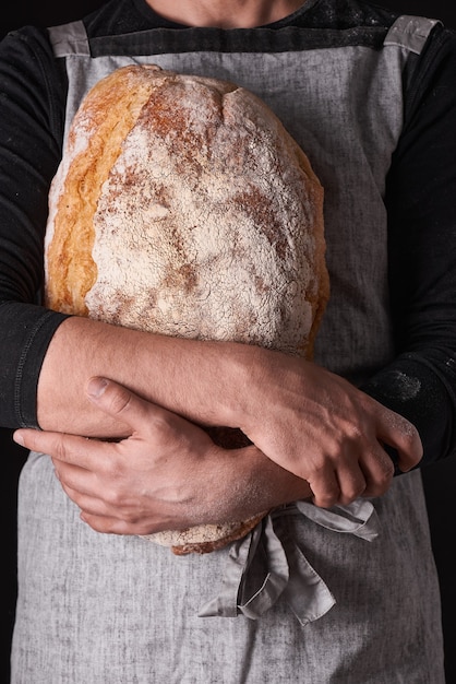 A man baker with a beard in a gray apron stands against a black background and holds, breaks, cuts off delicious, crispy bread, rolls, baguette.