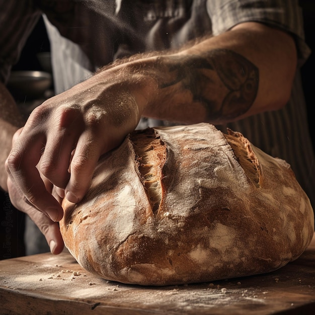 Foto un uomo cuoce prepara un delizioso pane appetitoso in primo piano il lavoro di un fornaio