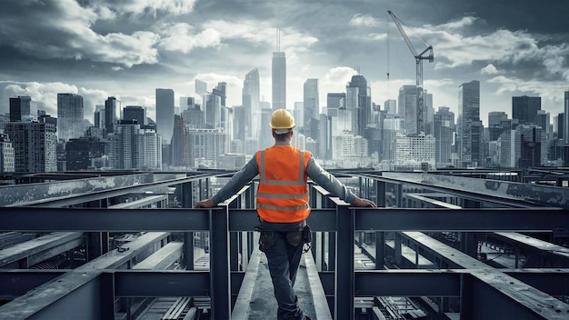 a man on a balcony looking at a cityscape