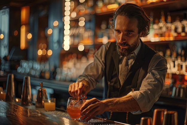 Photo a man at a bar pouring a drink