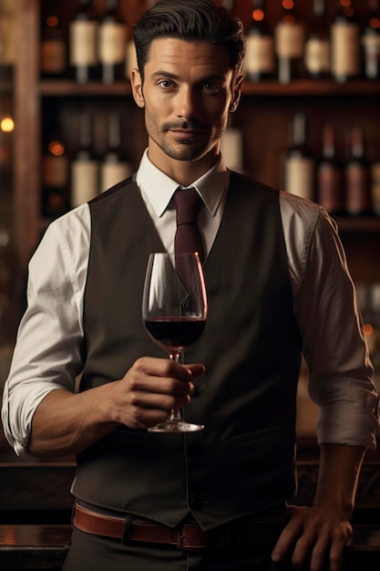 man at the bar serving customers and holding a glass of wine