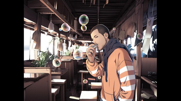 A man in a bar with bubbles in his hand.