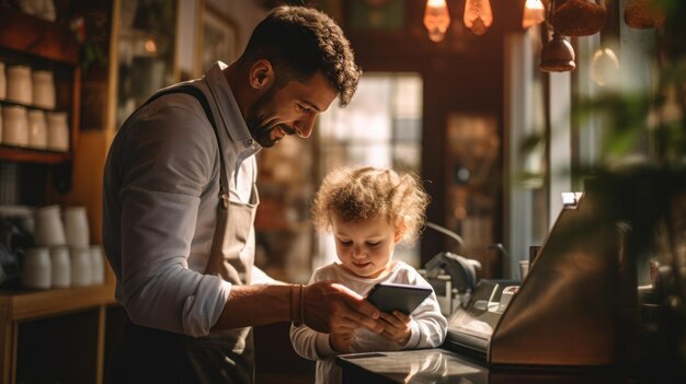 The man barista and child in the cafe