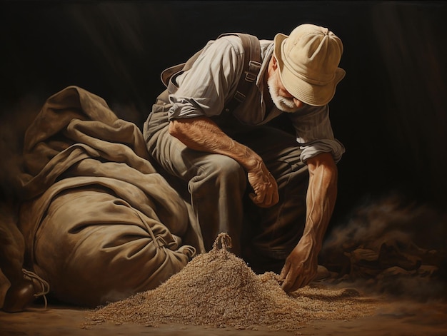 a man in a barn pouring grain out of a sack generated ia