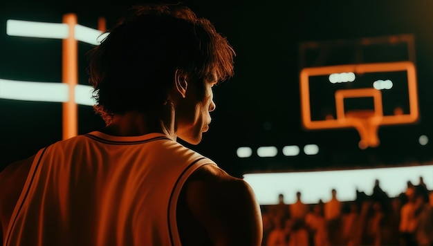 Photo a man in a basketball jersey stands in front of a sign that says'the number 1 '