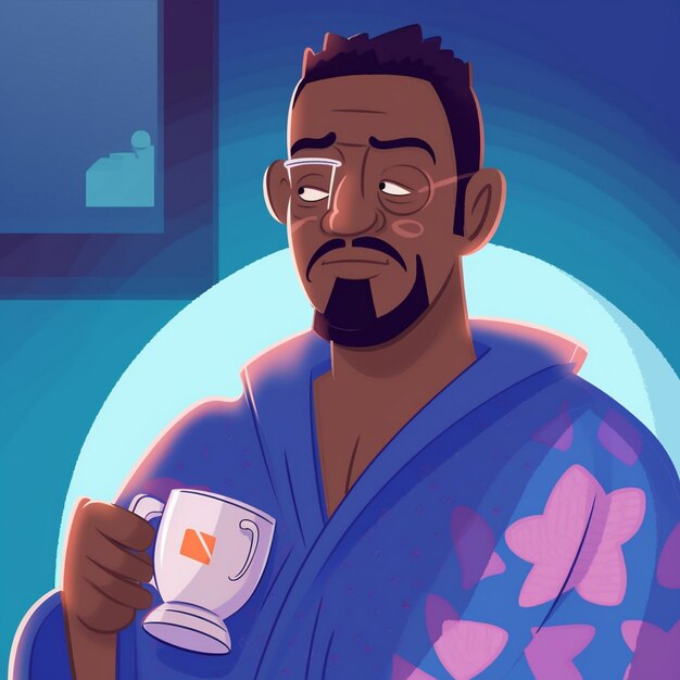 Photo a man in a bathrobe holding a cup with the letter c on it