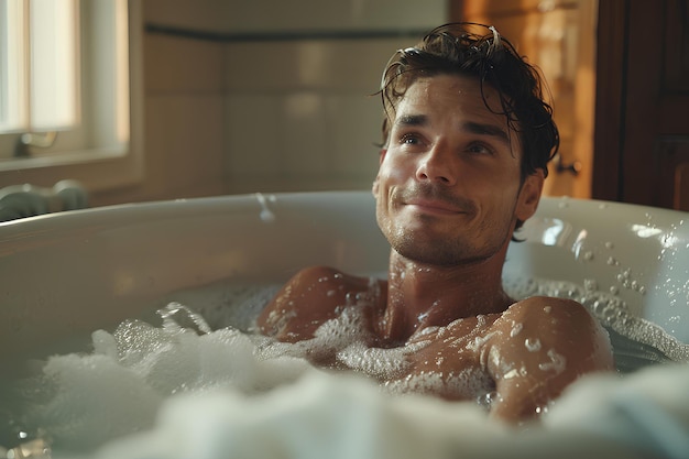 Мужчина в ванне с пенной водой вокруг шеи и плеч улыбается в камеру