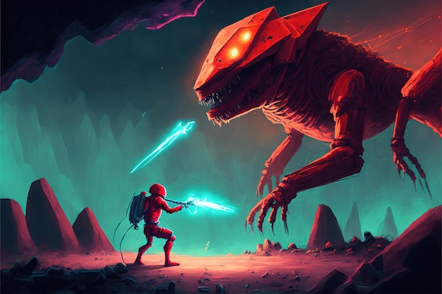 A man in battle against a monster The red astronaut with light sword jumping into battle with the alien giant Digital art style illustration painting