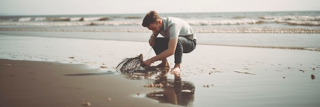 a man on the beach cleans up the garbage ecology bannerai