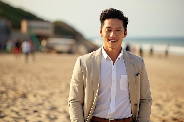 Man on the beach smiling full