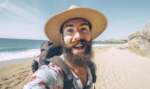 A man on a beach wearing a hat and a straw hat smiles for a photo.