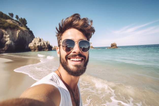 A man on a beach wearing sunglasses and a white shirt is taking a self portrait.