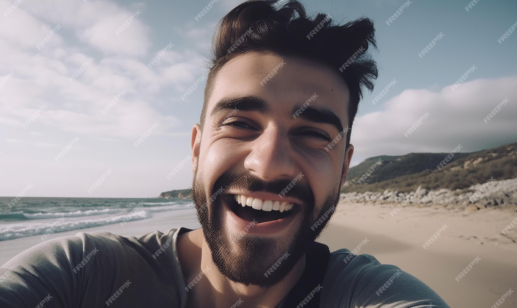Premium AI Image A man on a beach with a beard and a shirt that says
