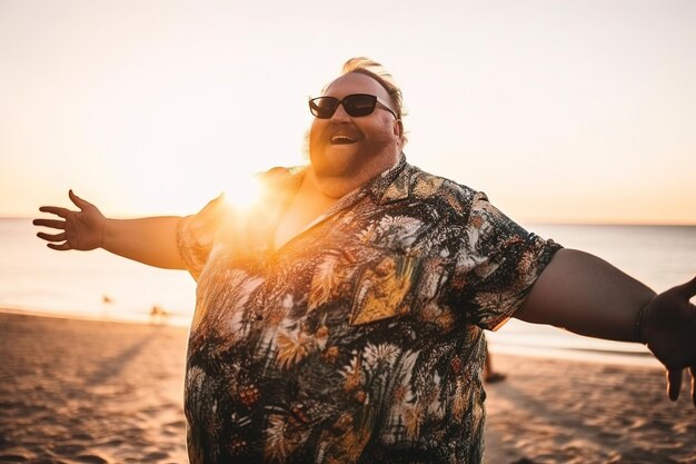 A man on a beach with his arms outstretched