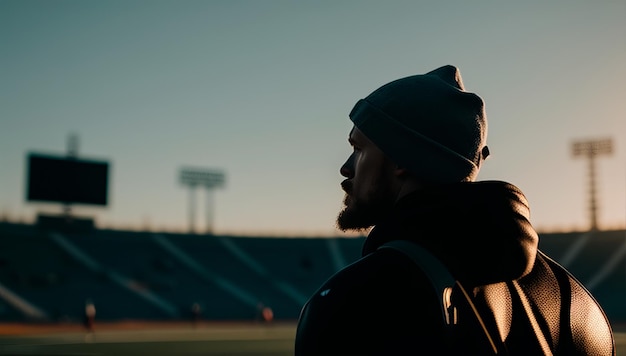 A man in a beanie stands in front of a stadium with the sun shining on his face.