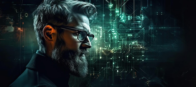 a man in beard glasses is facing forward in front of a night vision screen