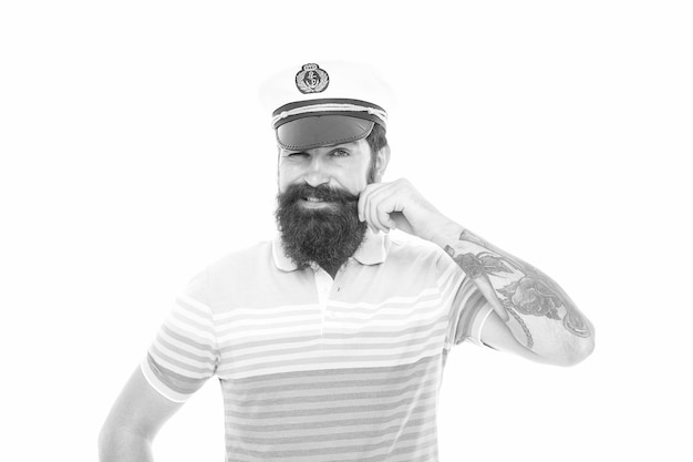Photo man bearded captain sailor uniform marine cruise travel by sea concept