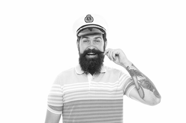 Man bearded captain sailor uniform marine cruise welcome on board concept