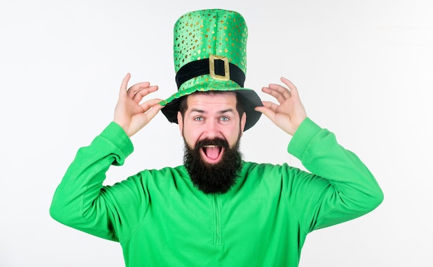 Man bearded hipster wear green clothing and hat patricks day. Saint patricks day holiday. Green color part of celebration. Happy patricks day. Global celebration of irish culture. Myth of leprechaun.