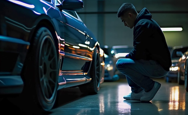 A man and a beautiful modern car in a modern garage