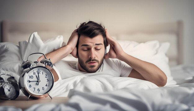 Photo a man in bed with a watch in his hand and the time is 10  30